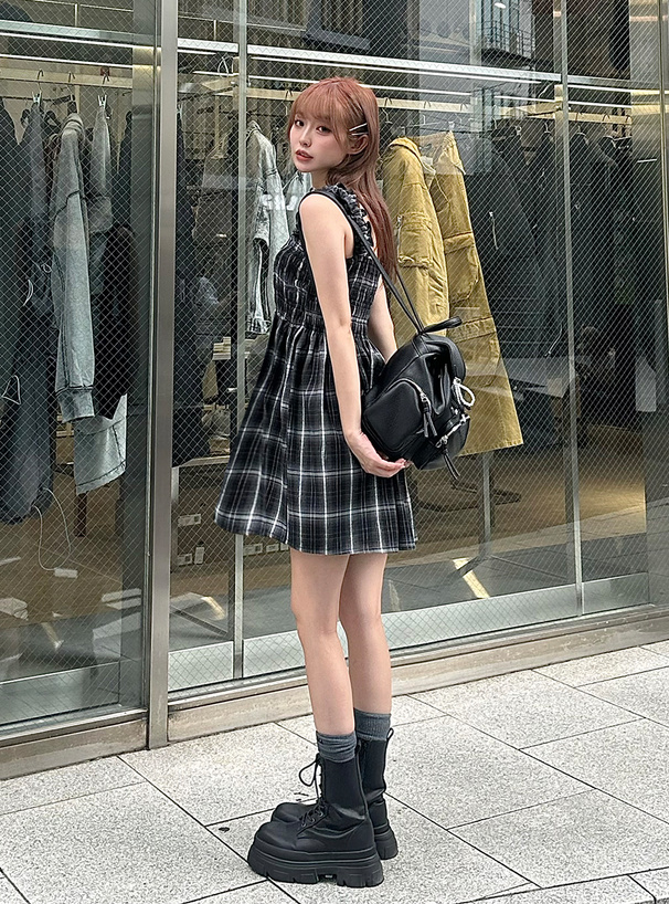 チェック柄シャーリングミニワンピース[dk1311] | レディース