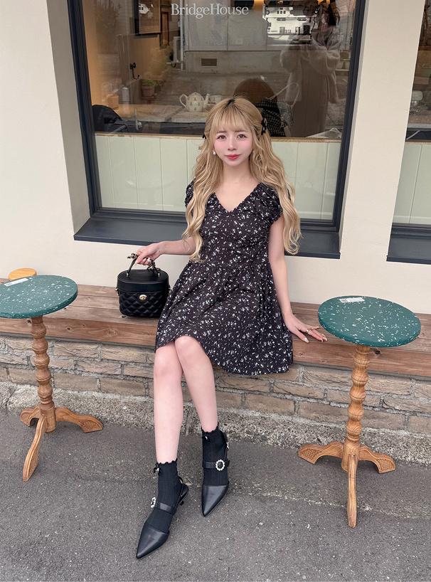 フリージア袖2Way花柄ギャザーフレアミニワンピース[dk1383