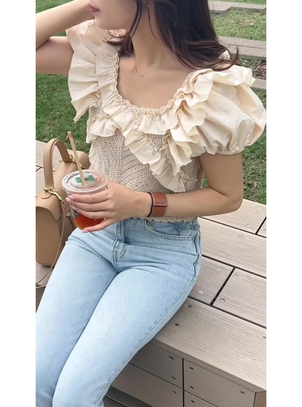 透かし編みクロスフリルバックリボントップス[dh1228] | レディース