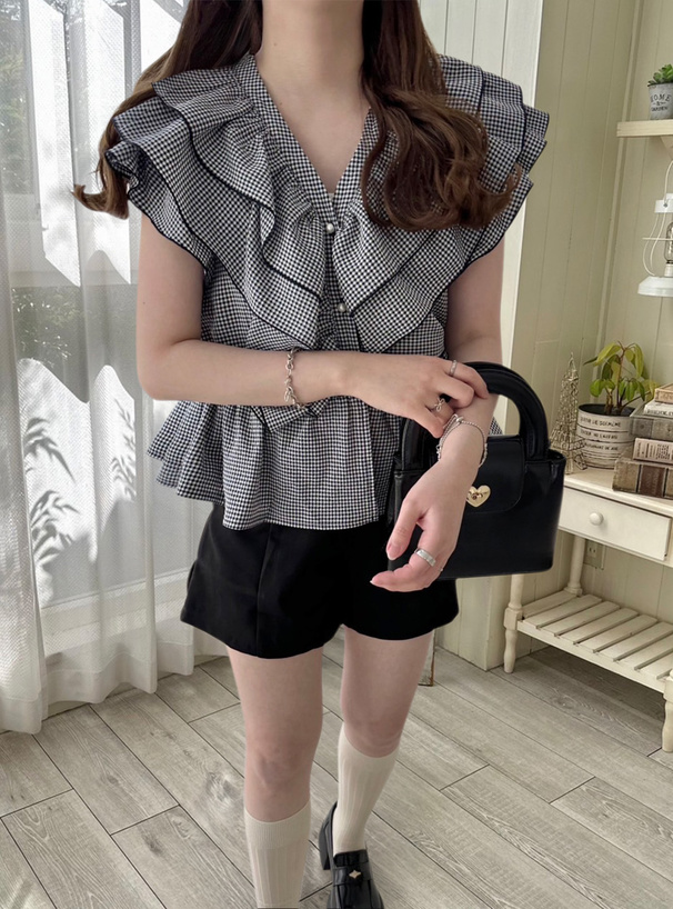 ギンガムチェック柄フリルブラウス[dh1363] | レディースファッション