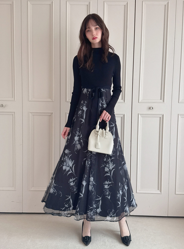 リボンベルト付きニットドッキング花柄ワンピース[dr821] | レディース