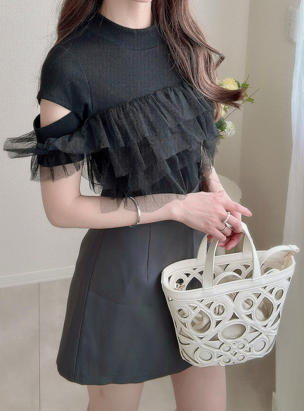 チュールフリルテレコリブトップス[fu173] | レディースファッション