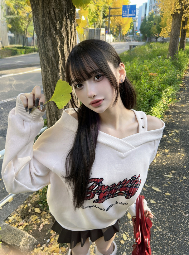 チェック柄ロゴオフショルダースウェットトップス[fu302] | レディース