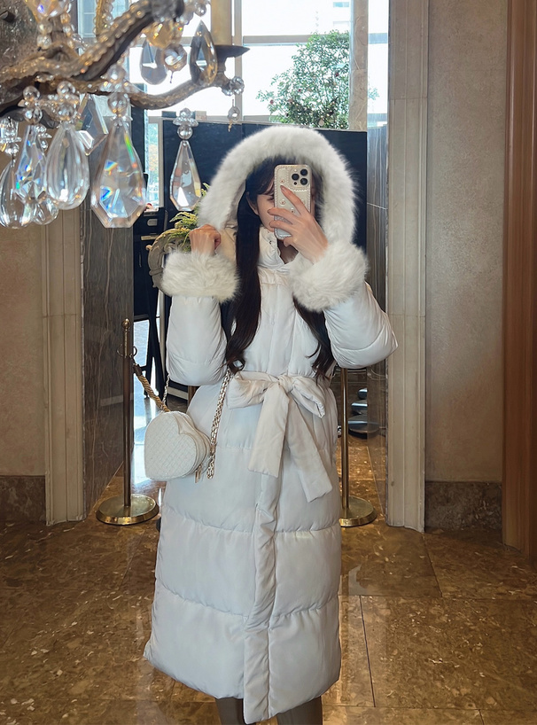 リボンベルト付きファーフードロングダウンコート[kd56] | レディース