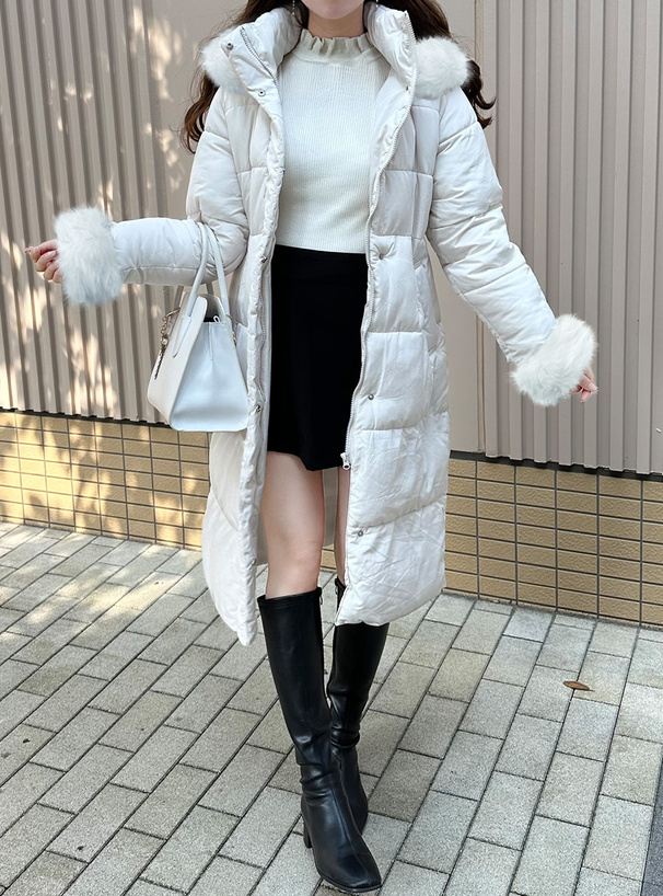 リボンベルト付きファーフードロングダウンコート[kd56] | レディース