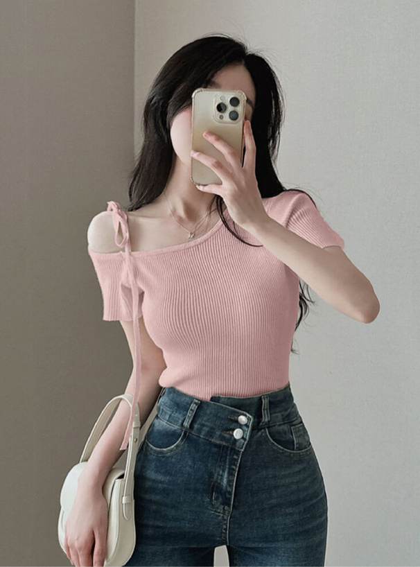 ワンショルダーリボンリブニットトップス[ks071] | レディース
