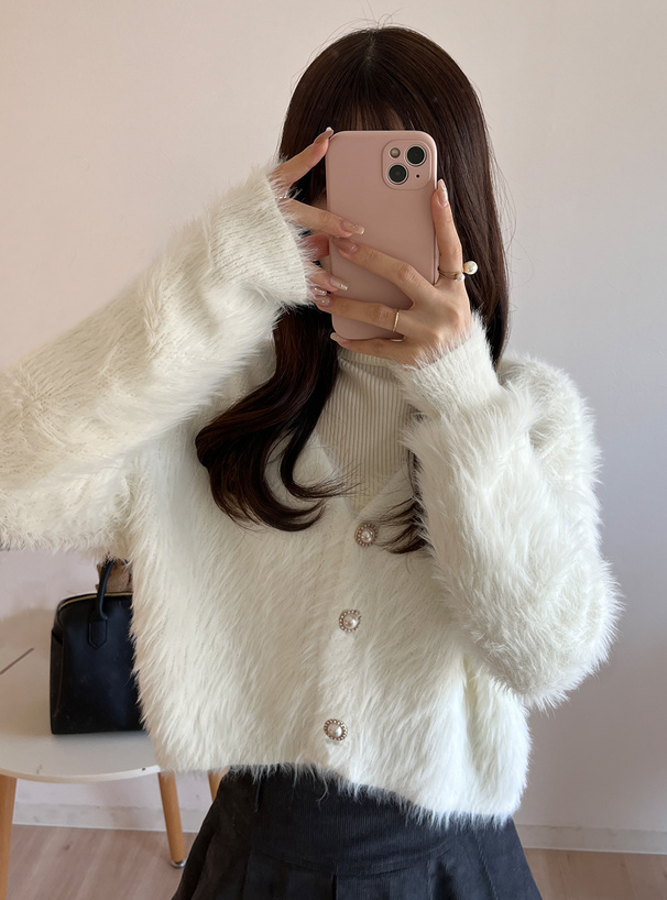 ショート丈パールボタンシャギーニットカーディガン[kz114a