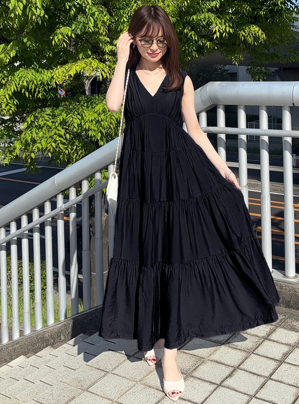 リボン付きVネックノースリーブティアードワンピース[k8975a