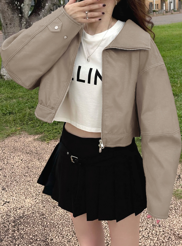 襟2Way配色ステッチダブルジップレザーブルゾン[on258] | レディース