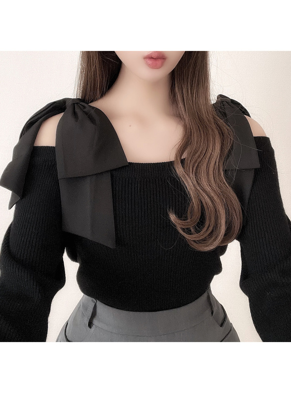 オフショルダーリボンストラップニットトップス[mb1546] | レディース