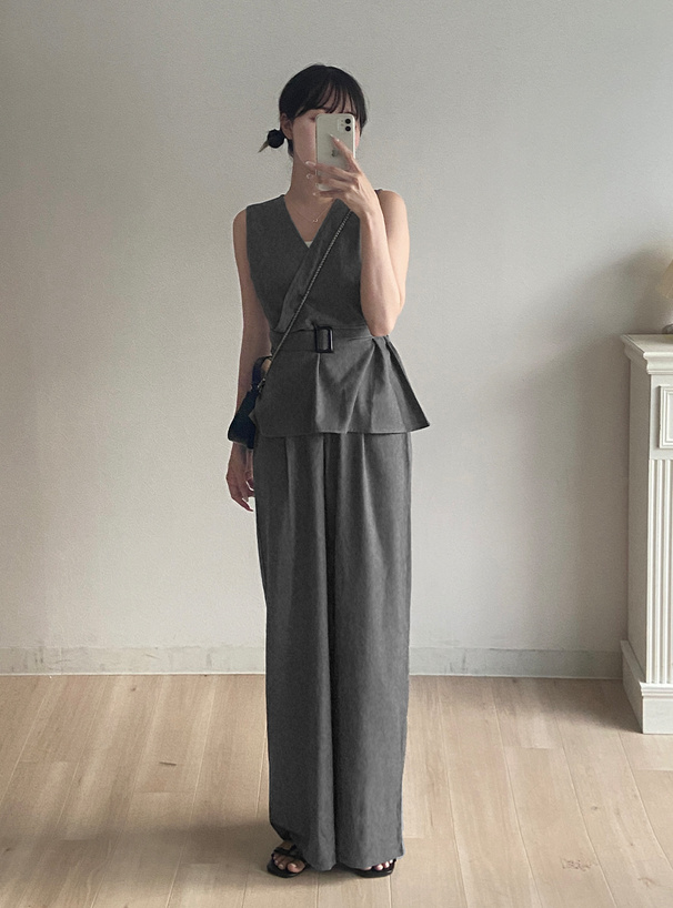 ベルト付きカシュクールチュニック×ワイドパンツセットアップ[nh143