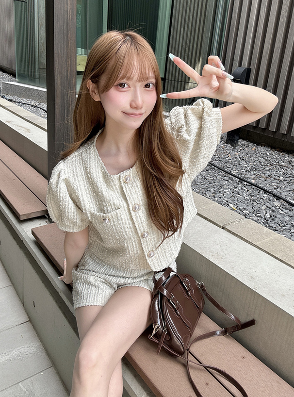 パールボタンジャケットxショートパンツラメツイードセットアップ