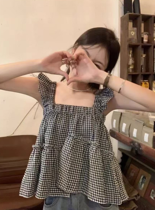 ギンガムチェック柄フリル切り替えキャミソールトップス[sd106