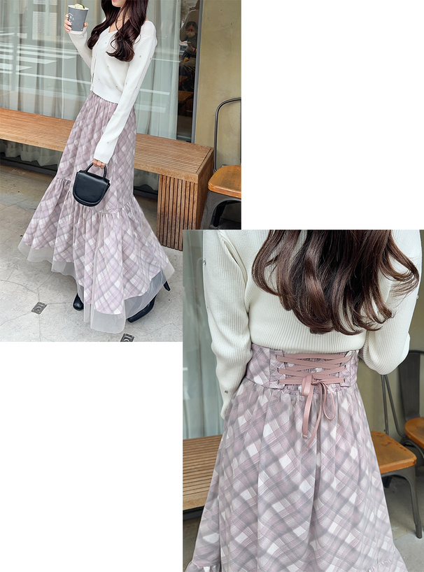 シアーチェック柄バックレースアップスカート[pu47] | レディース