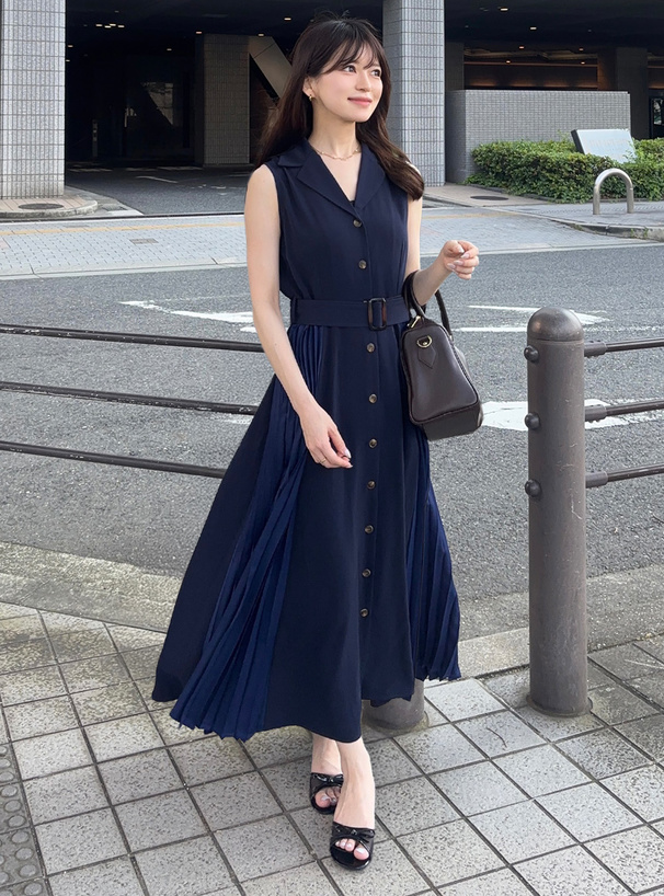 ベルト付きサイドプリーツノースリーブワンピース[pu58] | レディース