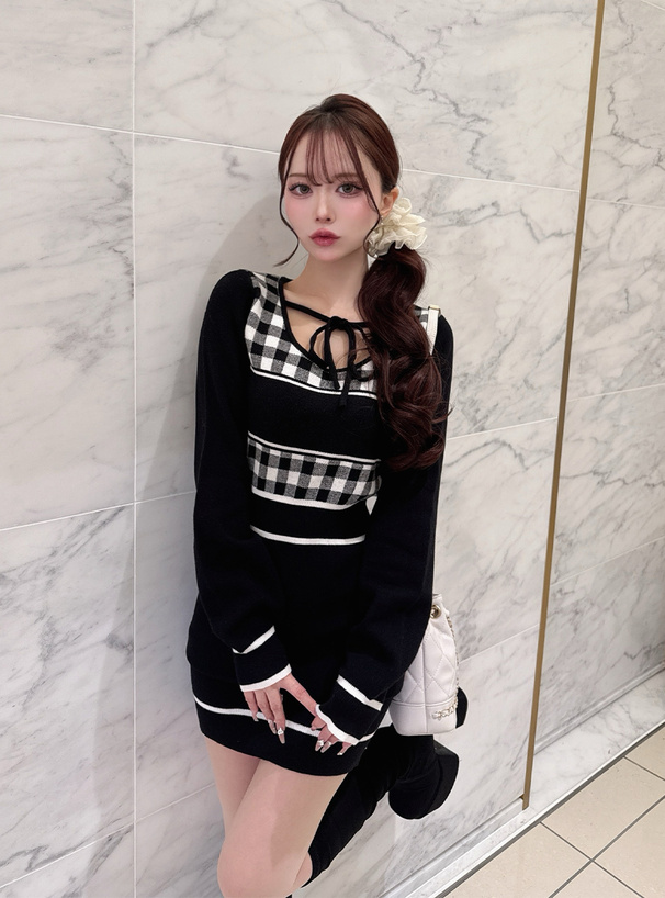 ギンガムチェック柄配色ラインニットミニワンピース[ru1353
