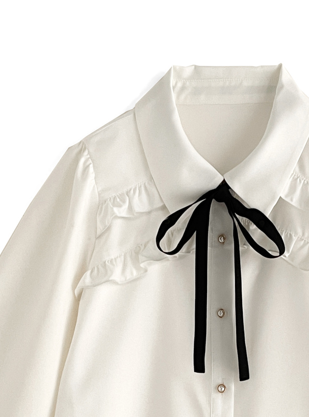 配色リボンタイ付きフリルブラウス[tg689] | レディースファッション