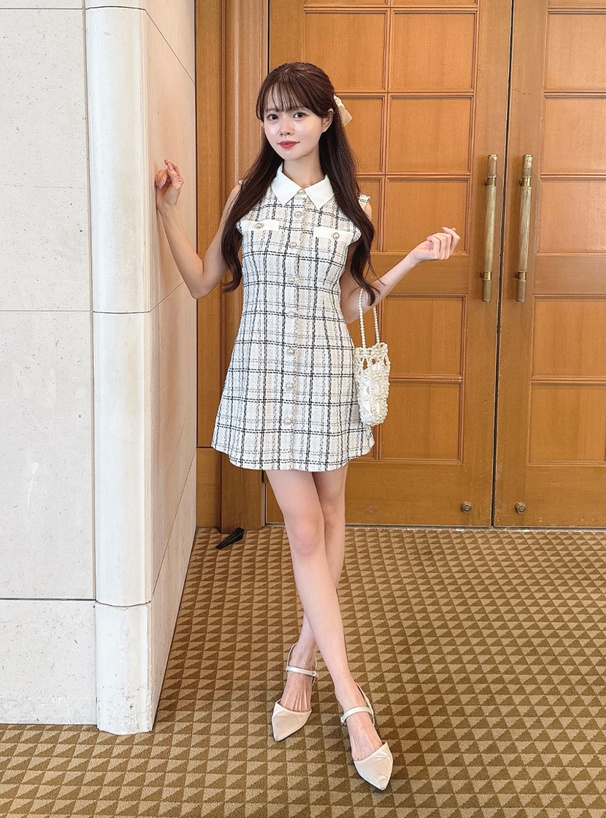 配色襟ツイードチェック柄ノースリーブミニワンピース[tg882