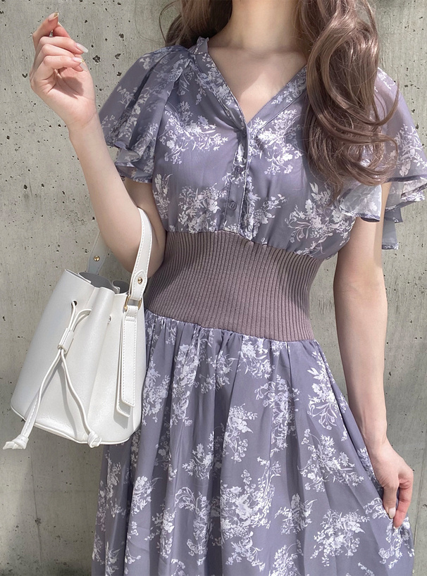 花柄Vネックリブウエストフレアワンピース[tt005] | レディース