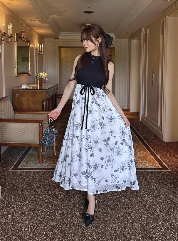 リボンベルト付き花柄ノースリーブフレアワンピース[tu812