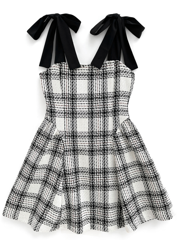 ツイードチェックショルダーリボンミニワンピース[tu1417