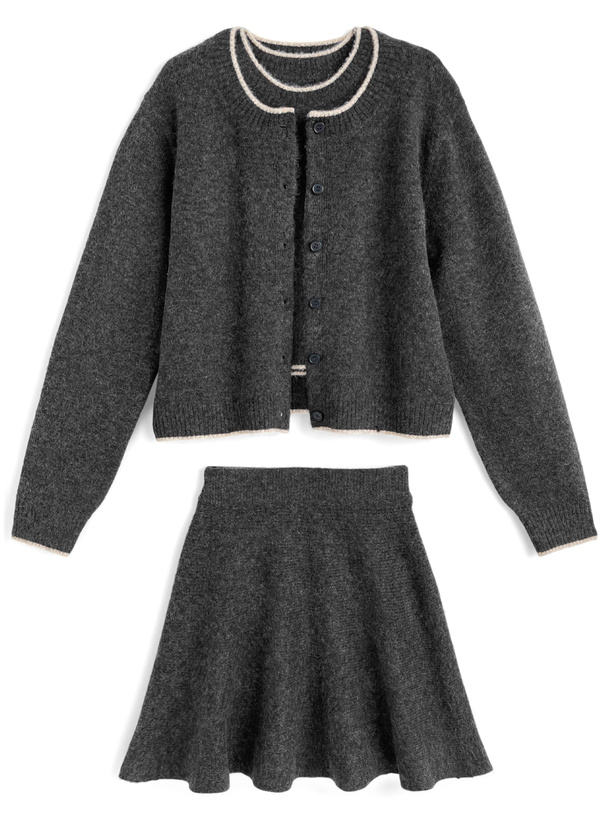 配色カーディガン×トップス×ミニスカートニットセットアップ[tu1583