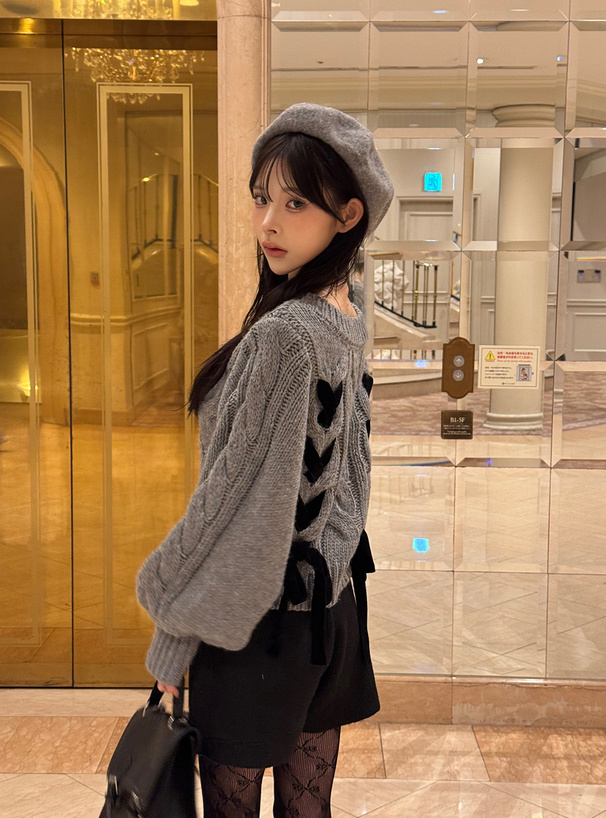 前後2Wayケーブル編みレースアップリボンニットトップス[tu1785