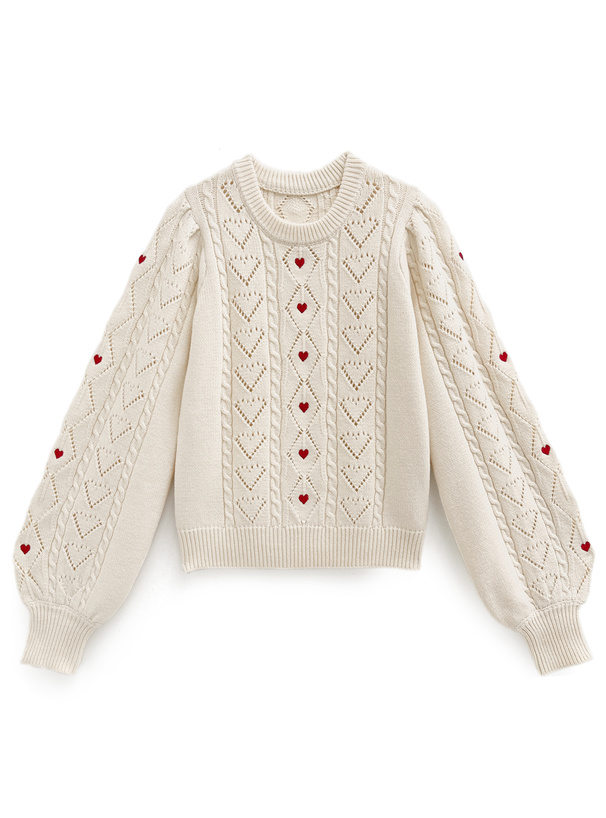 ハート刺繍ケーブル編みニットトップス[tu1258] | レディース