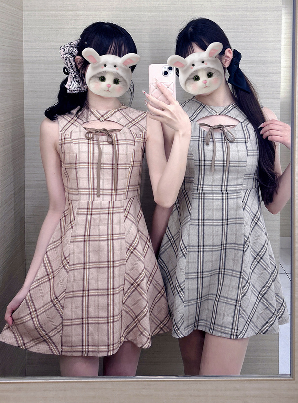 チェック柄フロントオープンノースリーブミニワンピース[tw1267