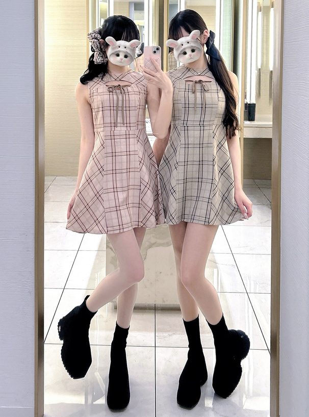 チェック柄フロントオープンノースリーブミニワンピース[tw1267
