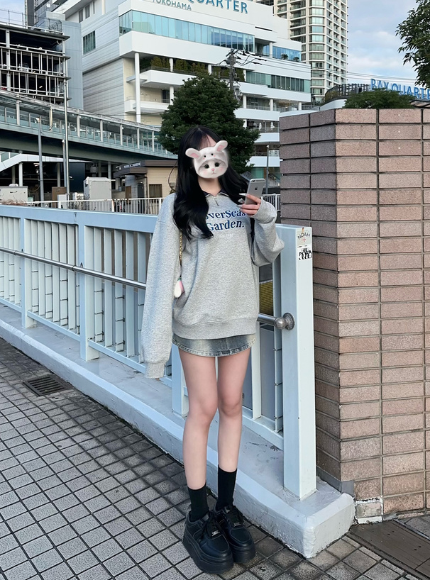 配色カラーハーフジップロゴ刺繍スウェットトップス[ze987