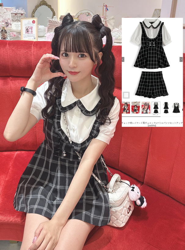 チェック柄レイヤード風チュニック×フリルパンツセットアップ[za009a