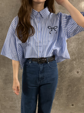 ストライプ柄リボン刺繍ショート丈ブラウス[fu177] | レディース