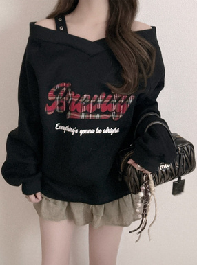 チェック柄ロゴオフショルダースウェットトップス[fu302] | レディース