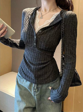 レースドッキングヘンリーネックリブトップス[ks218] | レディース