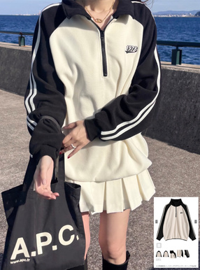 ロゴ刺繍配色ハーフジップラグランフリーストップス[sr33