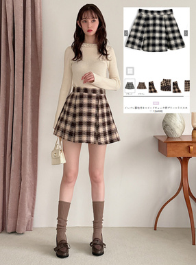 インパン裏地付きツイードチェック柄プリーツミニスカート[ta308