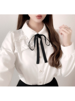 配色リボンタイ付きフリルブラウス[tg689] | レディースファッション