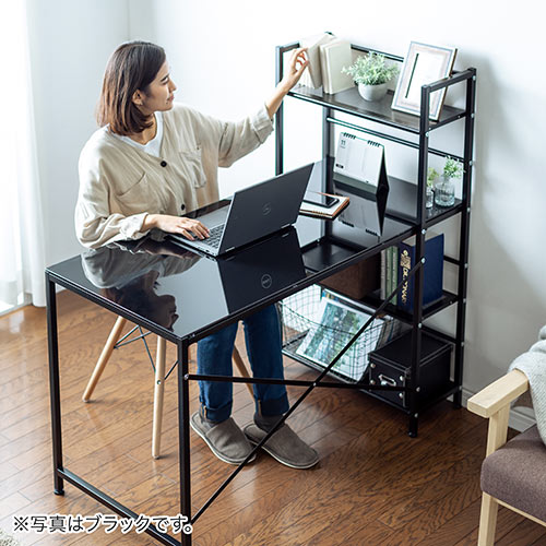 シェルフ付パソコンデスク（ガラス天板・ホワイト） EZ1-DESK084W