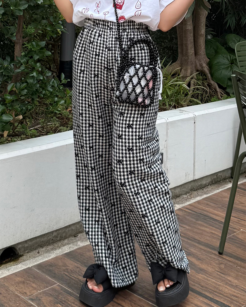 リボンギンガムチェックサマーイージーパンツ | ファッション通販