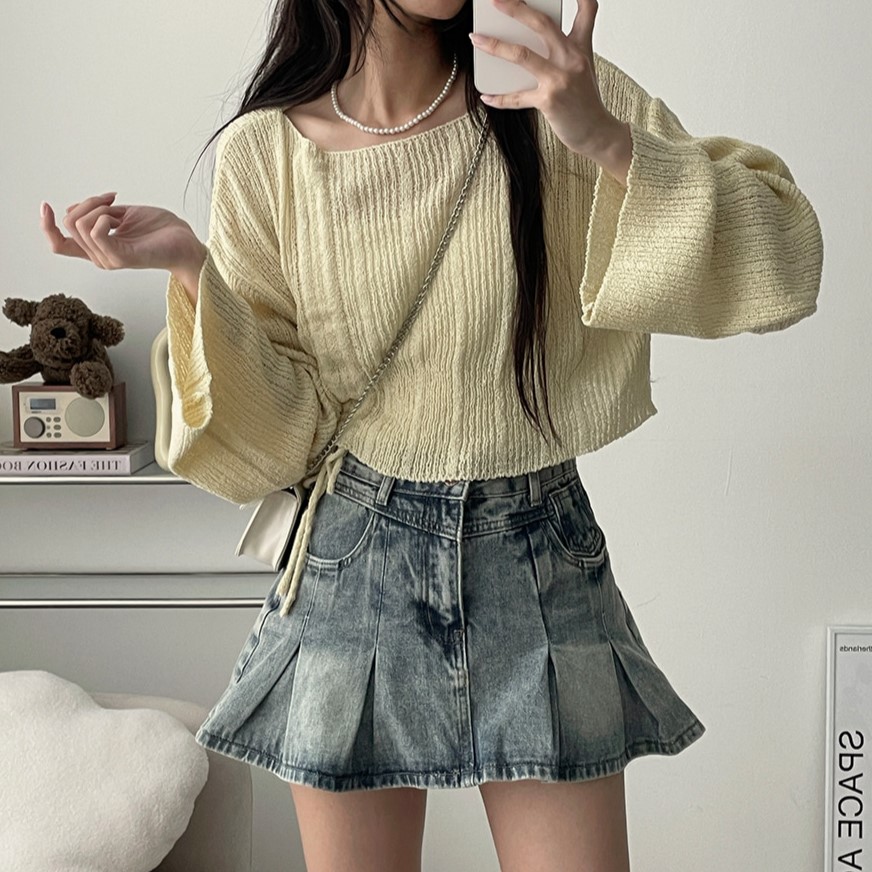 パンツ型裏地付き] Y2Kヴィンテージプリーツデニムスカート (1color