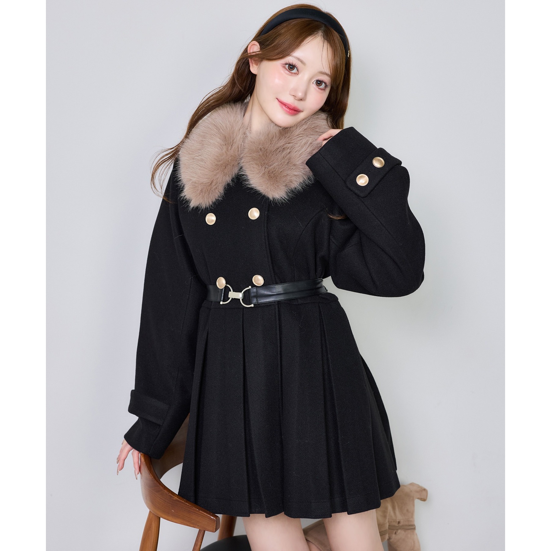 ウエストベルト付きフェイクファー襟ミドルコート | ファッション通販
