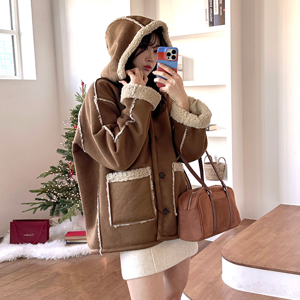 ルーズフィットボアフード付きムートンコート | ファッション通販