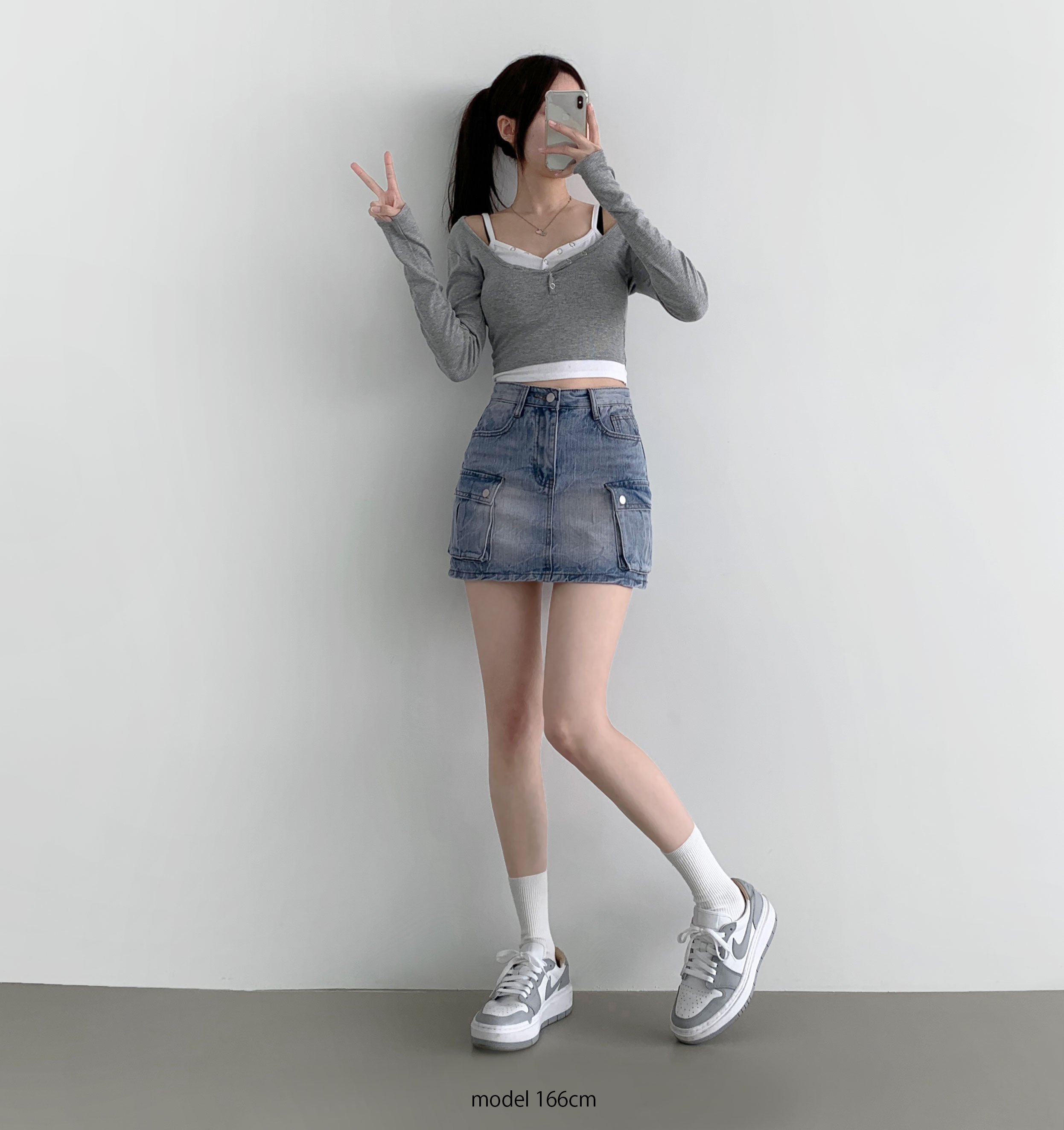 パンツ型裏地付き] カーゴポケットウォッシュミニデニムスカート