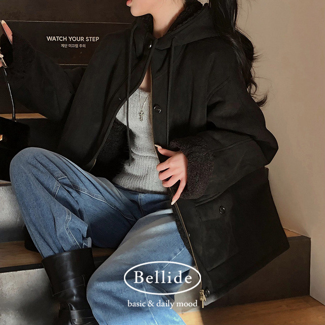 ORIGINAL) フード付き、スエードボアムートンコート | ファッション