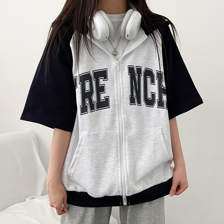 バイカラーオーバーサイズフード付き半袖パーカー | ファッション通販