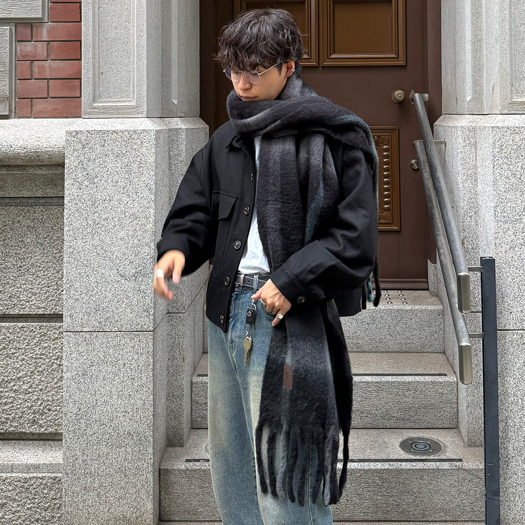 ORIGINAL) フリンジチェックウールマフラー (black) | ファッション