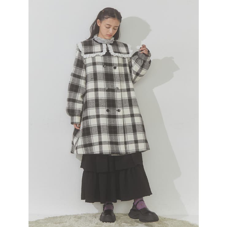 チェックセーラーカラーAラインコート[品番：MKSW0053816]｜merry