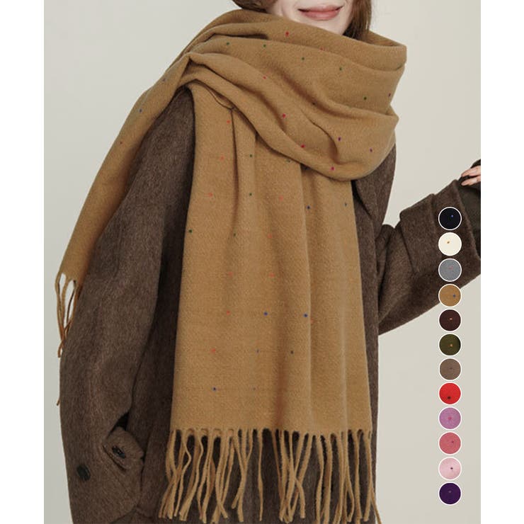 ドット柄 大判マフラーフリンジストール冬[品番：II000012104