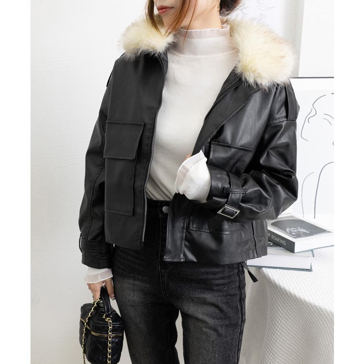 ファーライダースジャケットフェイクレザー[品番：II000012202